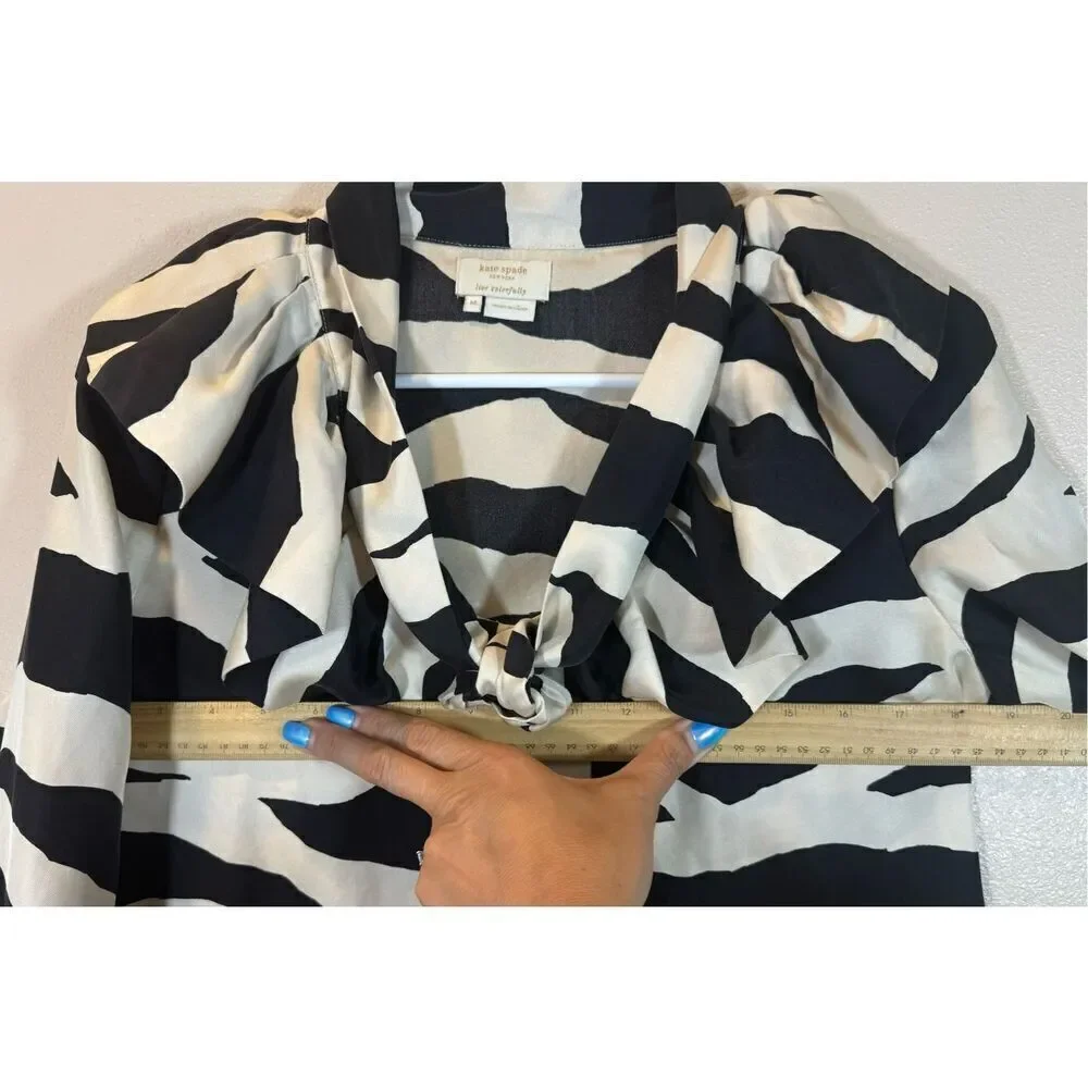 Kate Spade Catarina Zebra Print 100% Silk Ruffle Collar Tie Blouse Women's M